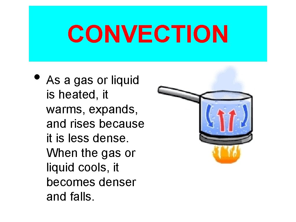 CONVECTION • As a gas or liquid is heated, it warms, expands, and rises