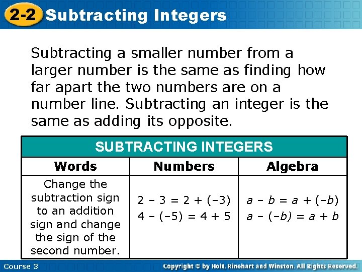 2 -2 Subtracting Insert Lesson Title Here Integers Subtracting a smaller number from a