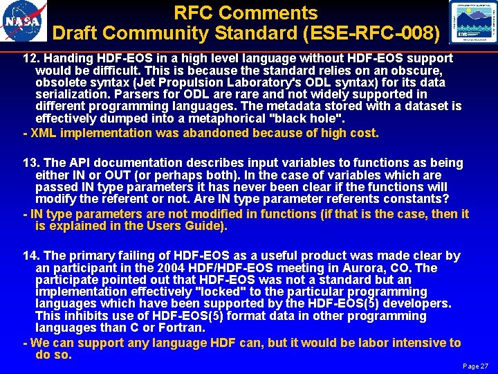 RFC Comments Draft Community Standard (ESE-RFC-008) 12. Handing HDF-EOS in a high level language