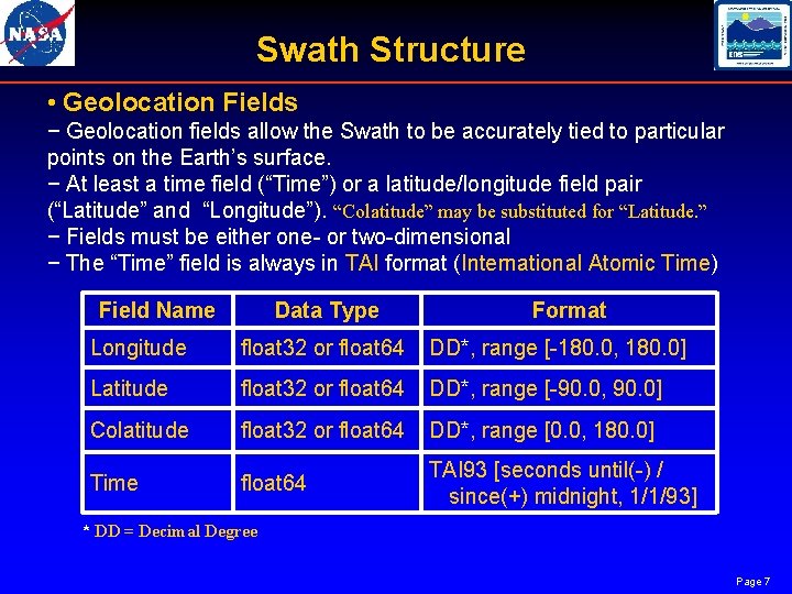 Swath Structure • Geolocation Fields − Geolocation fields allow the Swath to be accurately