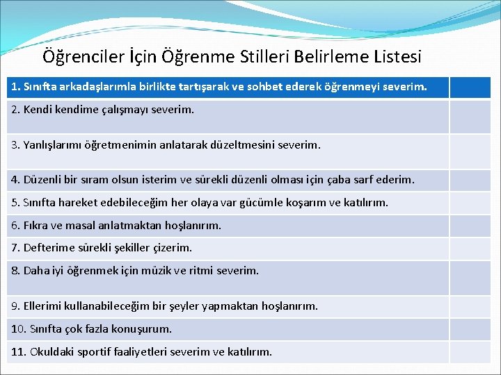 Öğrenciler İçin Öğrenme Stilleri Belirleme Listesi 1. Sınıfta arkadaşlarımla birlikte tartışarak ve sohbet ederek