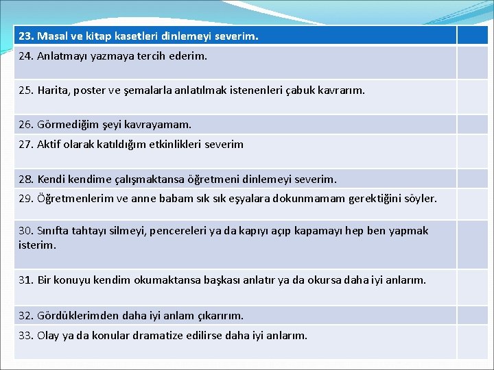 23. Masal ve kitap kasetleri dinlemeyi severim. 24. Anlatmayı yazmaya tercih ederim. 25. Harita,