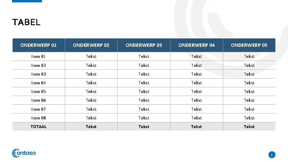 TABEL ONDERWERP 01 ONDERWERP 02 ONDERWERP 03 ONDERWERP 04 ONDERWERP 05 Item 01 Tekst