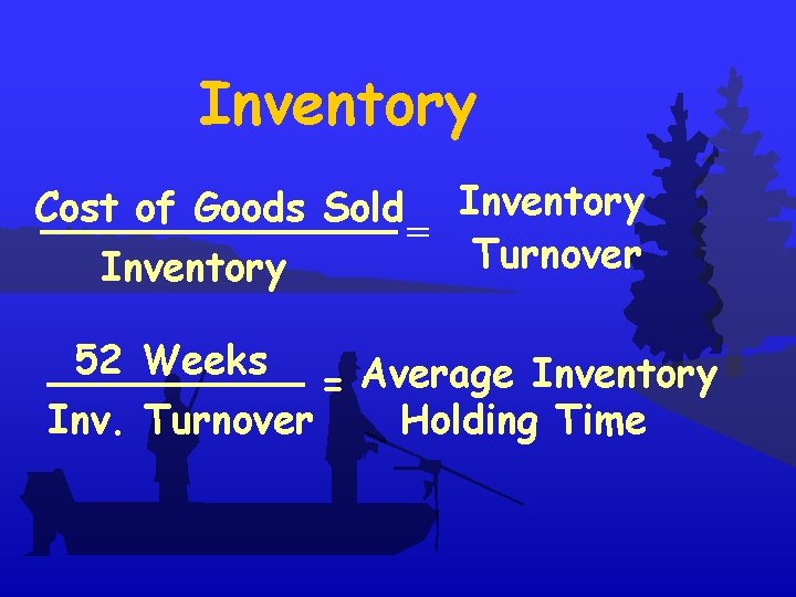 Inventory Cost of Goods Sold Inventory = Turnover Inventory 52 Weeks = Average Inventory