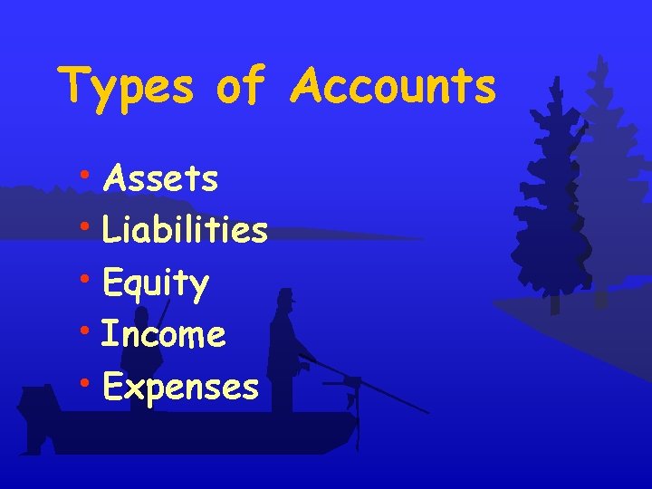 Types of Accounts • Assets • Liabilities • Equity • Income • Expenses 