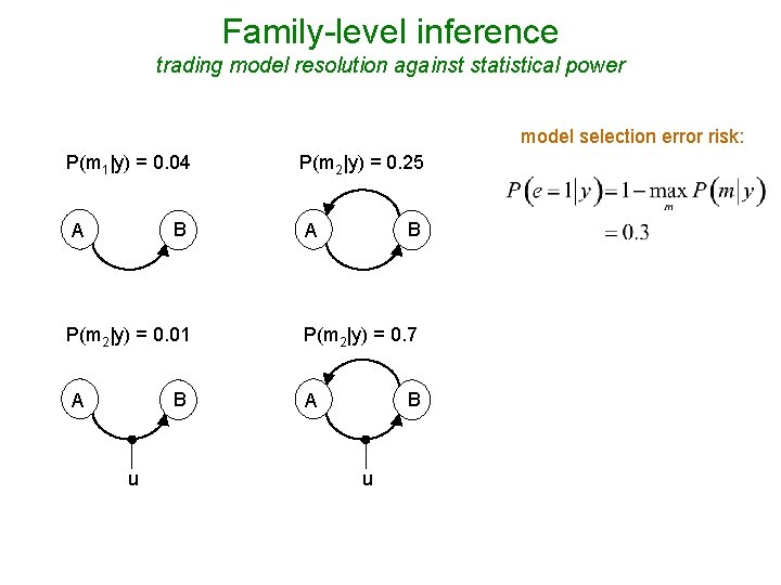 Family-level inference trading model resolution against statistical power model selection error risk: P(m 1|y)