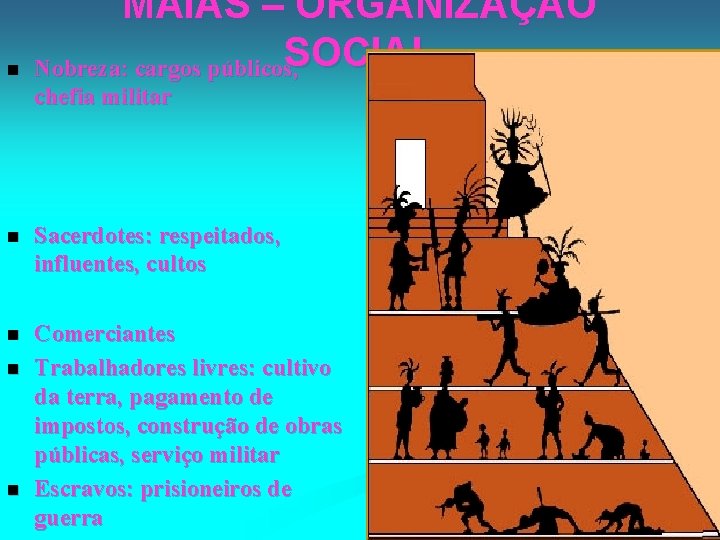 n MAIAS – ORGANIZAÇÃO SOCIAL Nobreza: cargos públicos, chefia militar n Sacerdotes: respeitados, influentes,