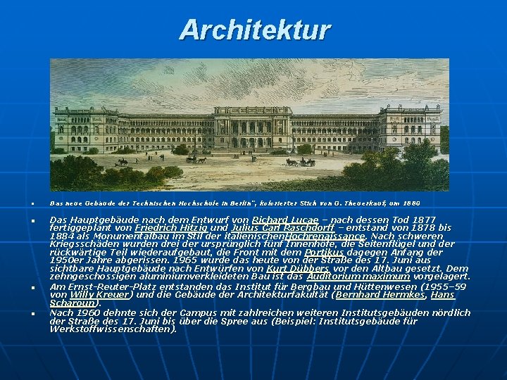 Architektur n n Das neue Gebäude der Technischen Hochschule in Berlin“, kolorierter Stich von