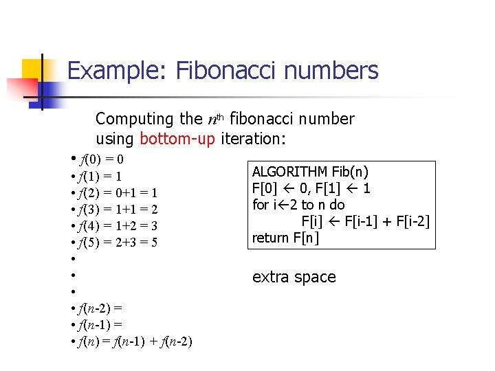 Example: Fibonacci numbers Computing the nth fibonacci number using bottom-up iteration: • f(0) =