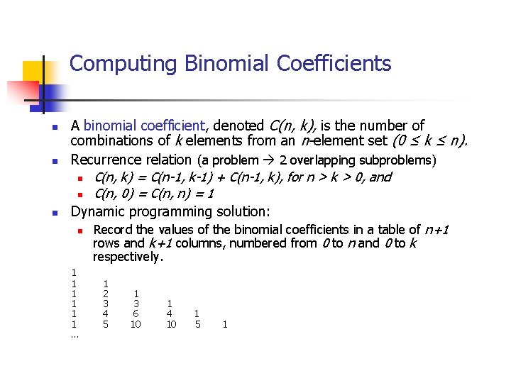 Computing Binomial Coefficients n n n A binomial coefficient, denoted C(n, k), is the