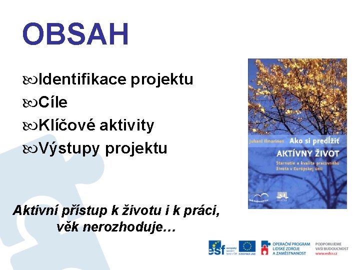 OBSAH Identifikace projektu Cíle Klíčové aktivity Výstupy projektu Aktivní přístup k životu i k