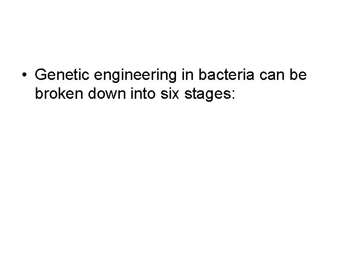  • Genetic engineering in bacteria can be broken down into six stages: 