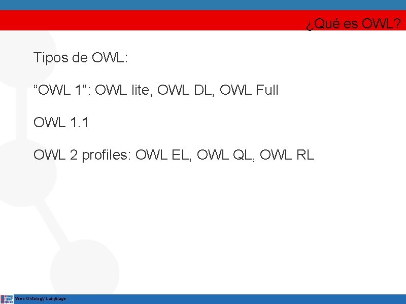 ¿Qué es OWL? Tipos de OWL: “OWL 1”: OWL lite, OWL DL, OWL Full