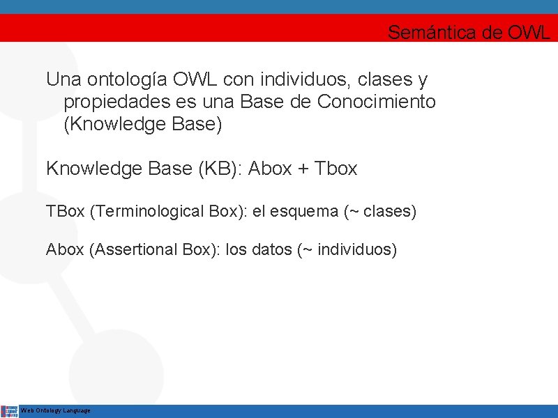 Semántica de OWL Una ontología OWL con individuos, clases y propiedades es una Base