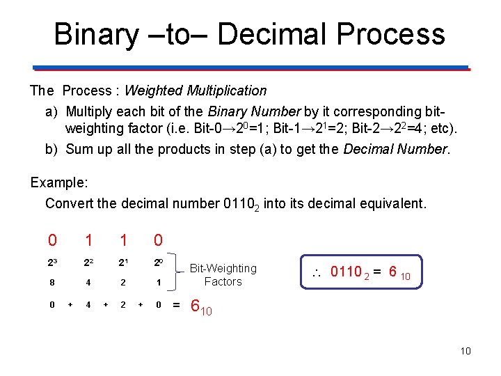Binary ‒to‒ Decimal Process The Process : Weighted Multiplication a) Multiply each bit of