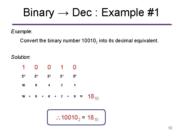 Binary → Dec : Example #1 Example: Convert the binary number 100102 into its