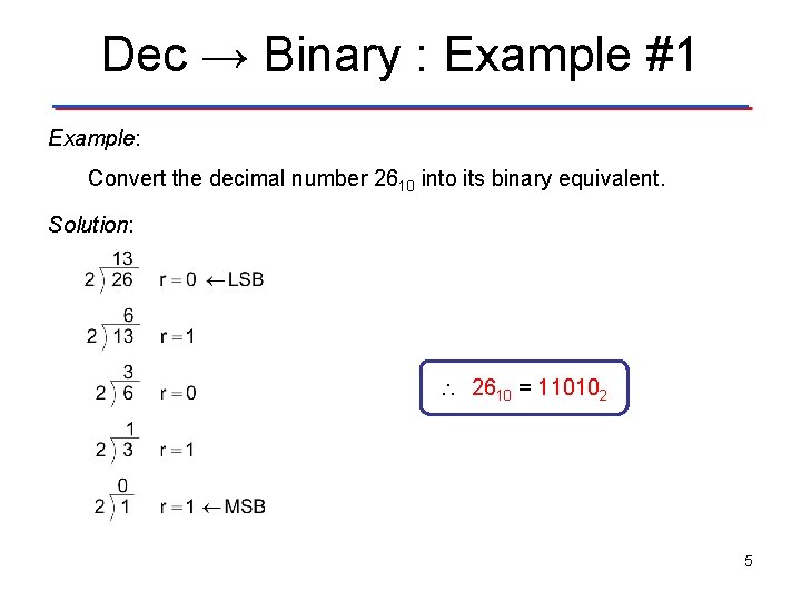 Dec → Binary : Example #1 Example: Convert the decimal number 2610 into its