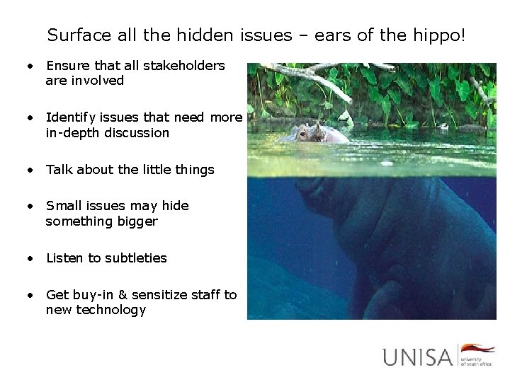 Surface all the hidden issues – ears of the hippo! • Ensure that all