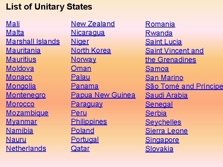 List of Unitary States Mali Malta Marshall Islands Mauritania Mauritius Moldova Monaco Mongolia Montenegro