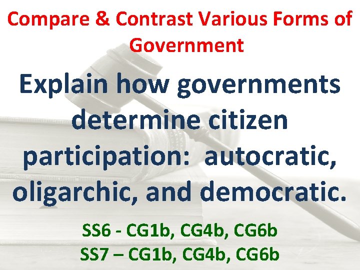 Compare & Contrast Various Forms of Government Explain how governments determine citizen participation: autocratic,