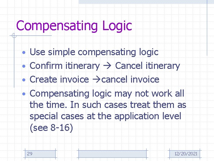 Compensating Logic • Use simple compensating logic • Confirm itinerary Cancel itinerary • Create