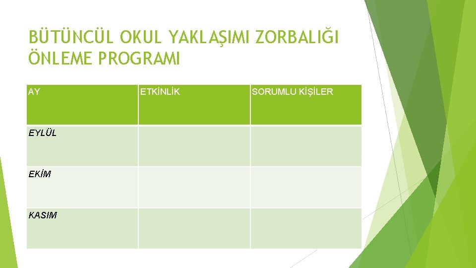 BÜTÜNCÜL OKUL YAKLAŞIMI ZORBALIĞI ÖNLEME PROGRAMI AY EYLÜL EKİM KASIM ETKİNLİK SORUMLU KİŞİLER 