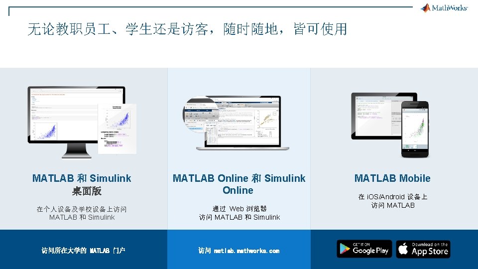 无论教职员 、学生还是访客，随时随地，皆可使用 MATLAB 和 Simulink 桌面版 MATLAB Online 和 Simulink Online 在个人设备及学校设备上访问 MATLAB 和