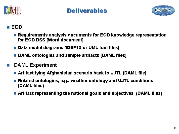 Deliverables n EOD l Requirements analysis documents for EOD knowledge representation for EOD DSS