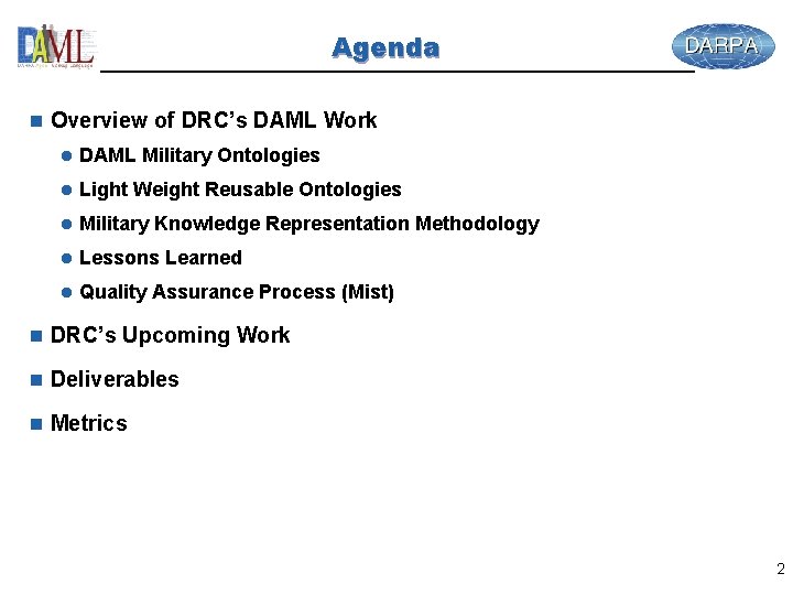 Agenda n Overview of DRC’s DAML Work l DAML Military Ontologies l Light Weight