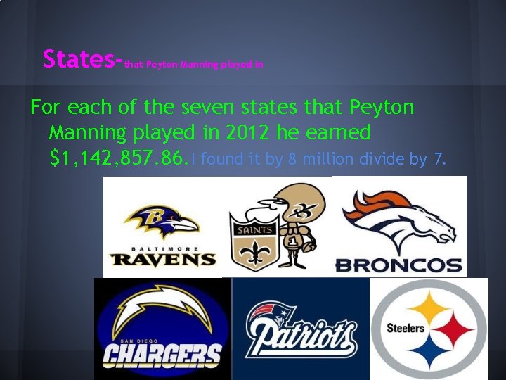 States- that Peyton Manning played in For each of the seven states that Peyton