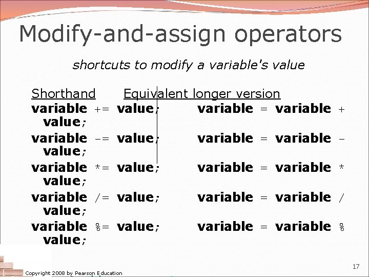 Modify-and-assign operators shortcuts to modify a variable's value Shorthand variable += value; variable -=