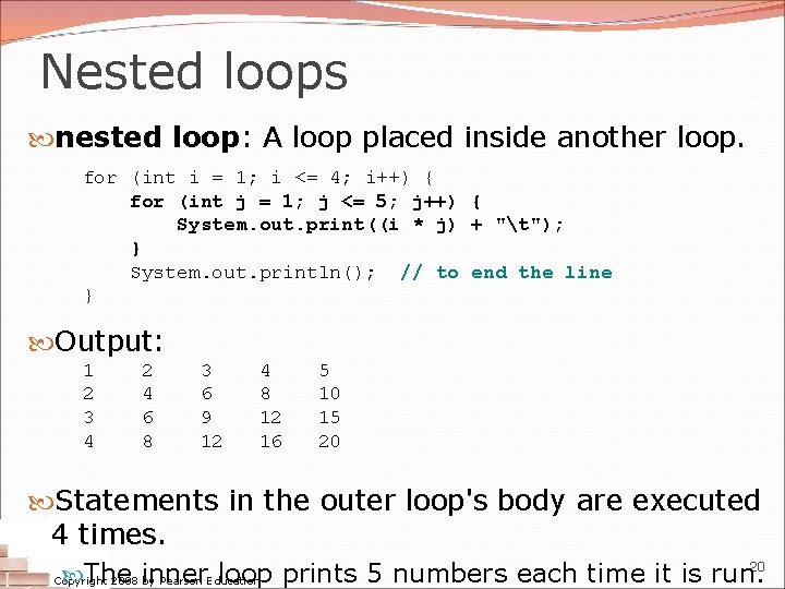 Nested loops nested loop: A loop placed inside another loop. for (int i =