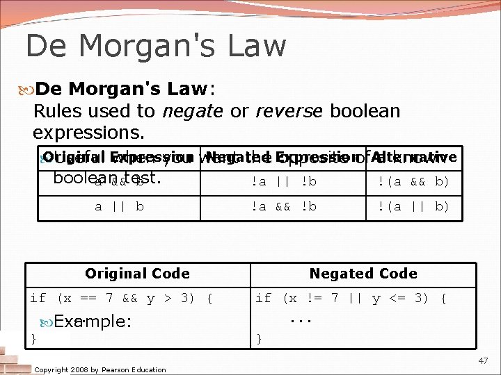 De Morgan's Law: Rules used to negate or reverse boolean expressions. Original Negated Useful