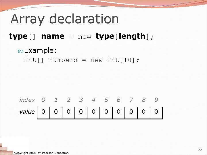 Array declaration type[] name = new type[length]; Example: int[] numbers = new int[10]; index