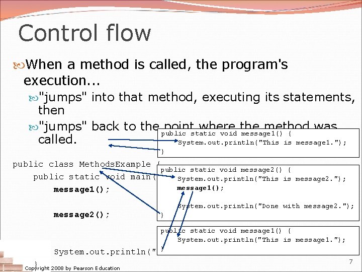 Control flow When a method is called, the program's execution. . . "jumps" into