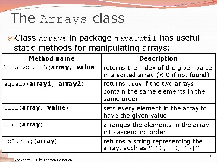 The Arrays class Class Arrays in package java. util has useful static methods for