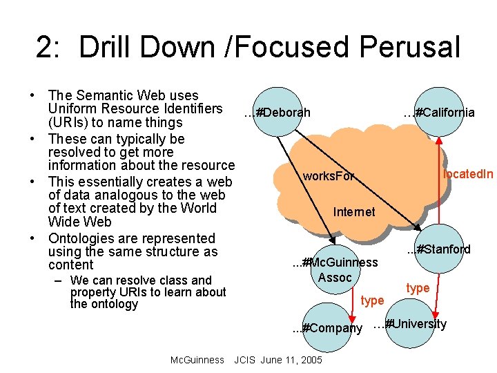 2: Drill Down /Focused Perusal • The Semantic Web uses Uniform Resource Identifiers …#Deborah