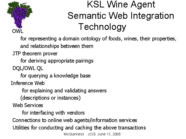 KSL Wine Agent Semantic Web Integration Technology OWL for representing a domain ontology of