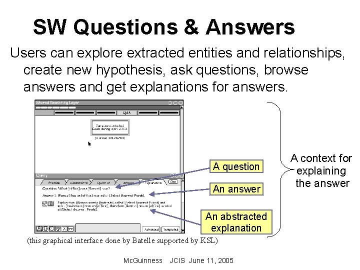 SW Questions & Answers Users can explore extracted entities and relationships, create new hypothesis,