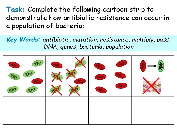 Task: Complete the following cartoon strip to demonstrate how antibiotic resistance can occur in