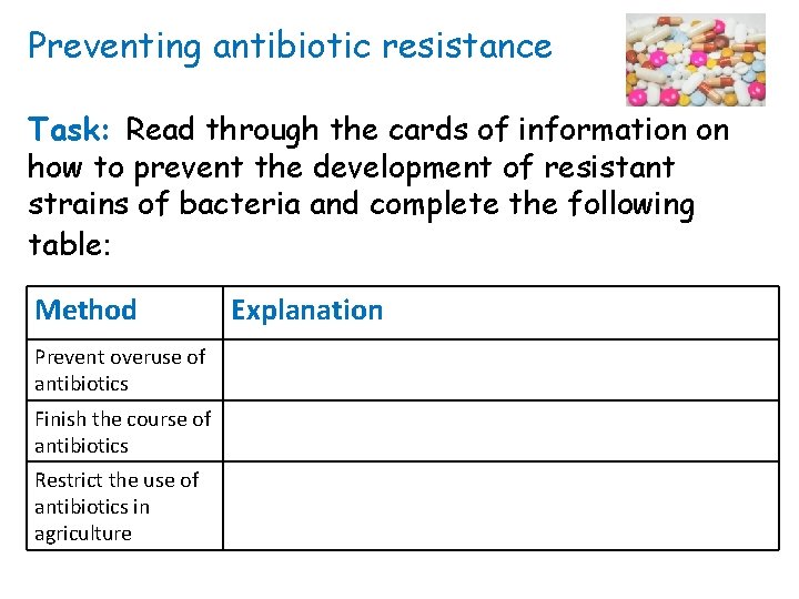 Preventing antibiotic resistance Task: Read through the cards of information on how to prevent