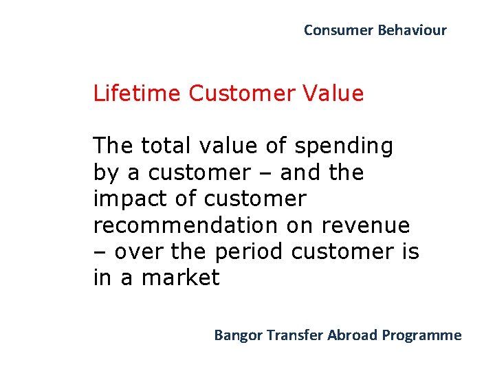 Consumer Behaviour Lifetime Customer Value The total value of spending by a customer –