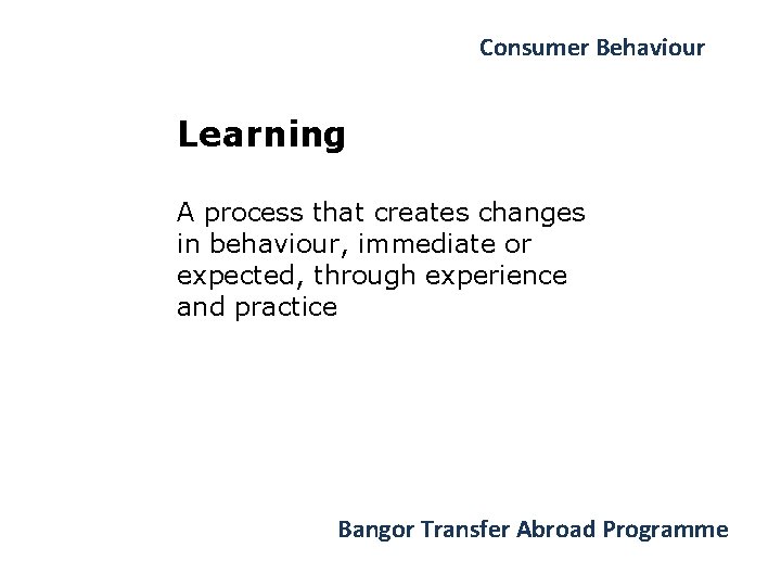 Consumer Behaviour Learning A process that creates changes in behaviour, immediate or expected, through