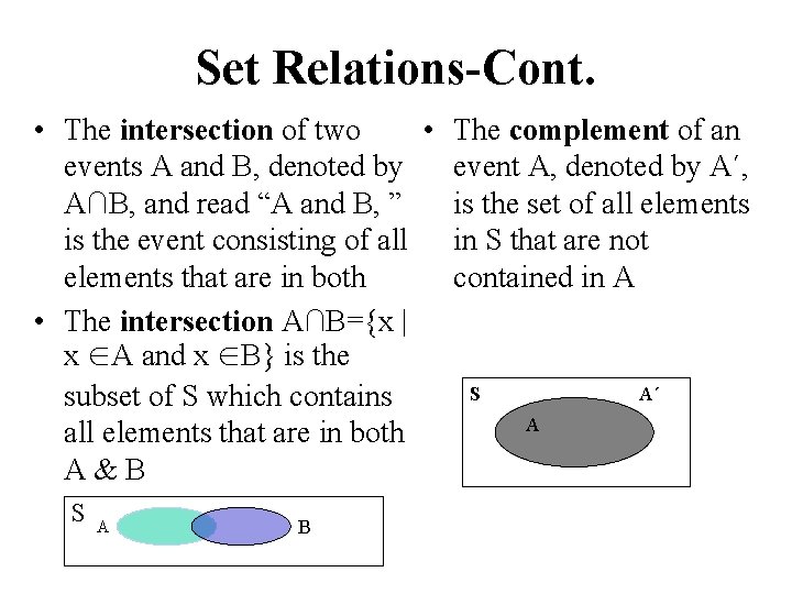 Set Relations-Cont. • The intersection of two • The complement of an events A Set Relations-Cont. • The intersection of two • The complement of an events A