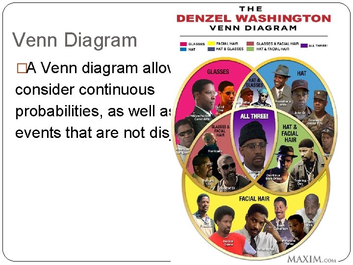 Venn Diagram �A Venn diagram allows us to consider continuous probabilities, as well as