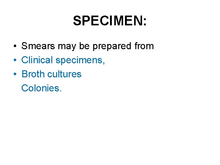 SPECIMEN: • Smears may be prepared from • Clinical specimens, • Broth cultures Colonies.