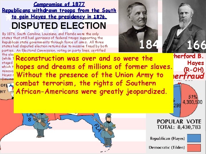 Compromise of 1877 Republicans withdrawn troops from the South to gain Hayes the presidency