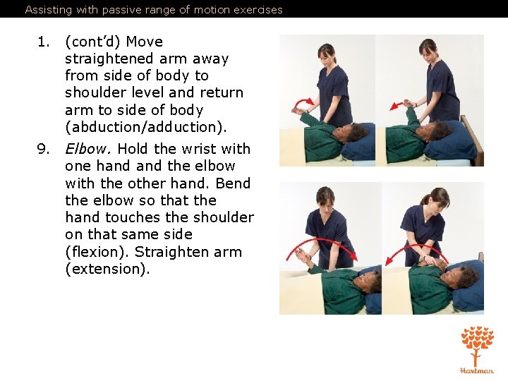 Assisting with passive range of motion exercises 1. (cont’d) Move straightened arm away from