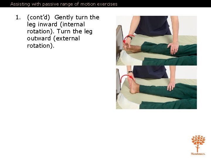 Assisting with passive range of motion exercises 1. (cont’d) Gently turn the leg inward