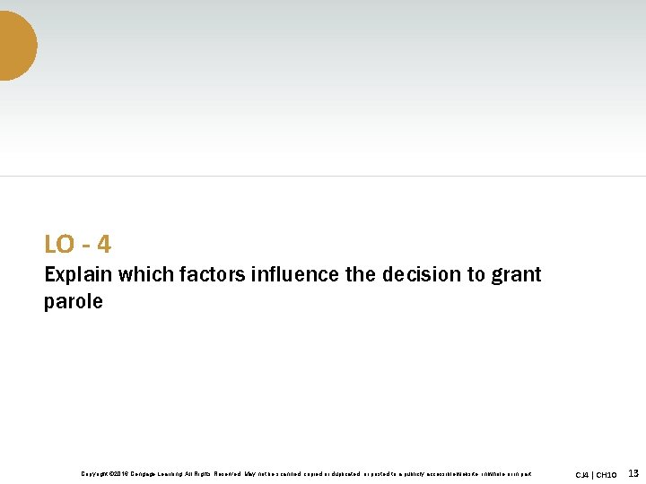 LO - 4 Explain which factors influence the decision to grant parole Copyright ©